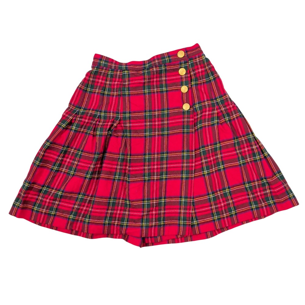 Vintage Red Plaid Wool Skirt Gold Crest Buttons Preppy School Girl Dark Academia